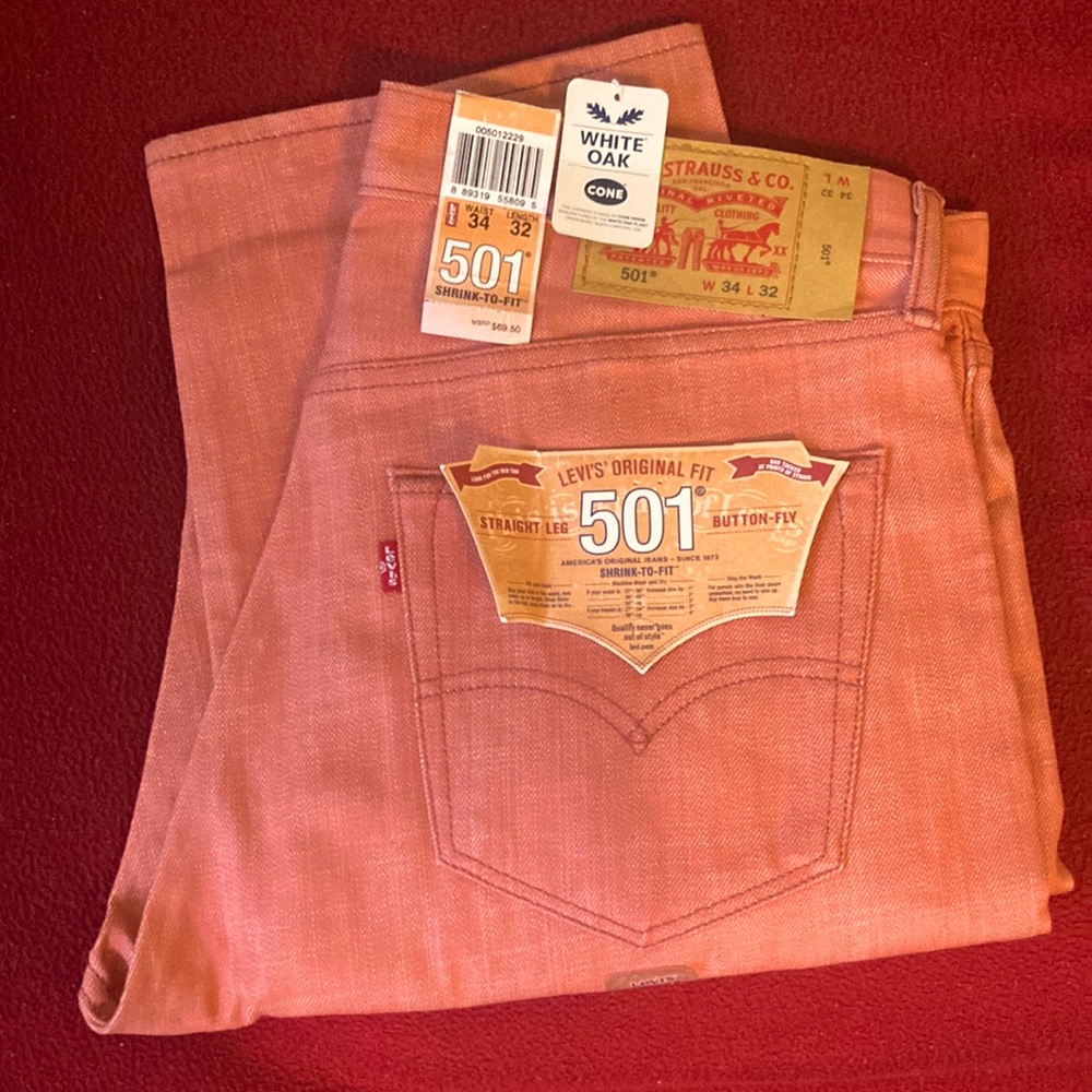 Mens 34x32 501 Levi Jeans. Cone Denim. COLOR:Light Red/Peach.